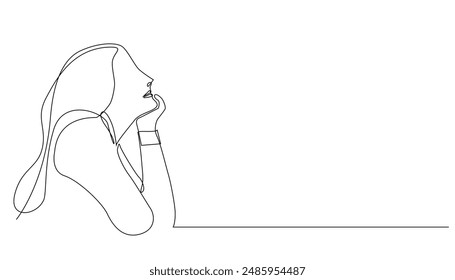 continuous line drawing of woman facing upwards, with calm mind, smiling and happy.single line vector illustration.isolated white background