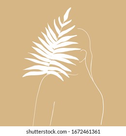 Continuous line, drawing of woman, fashion concept, woman beauty minimalist with Abstract tropical palm leaf on pastel background. One line continuous drawing. vector illustration