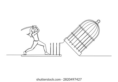 Continuous line drawing of a woman fighting for freedom with a sword against a birdcage
