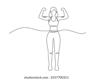 A continuous line drawing of a woman flexing her muscles, symbolizing strength and empowerment. The minimalist design captures the essence of fitness and confidence.