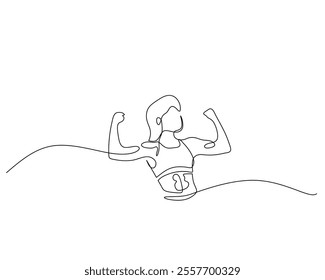 Continuous line drawing of a woman flexing her biceps, symbolizing fitness, empowerment, and strength in a minimalistic art style.