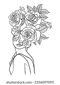 Continuous line drawing of woman with flowers on head. Vector illustration.