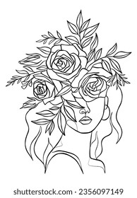 Continuous line drawing of woman with flowers on head. Vector illustration.