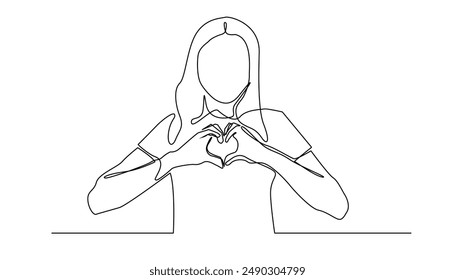 continuous line drawing of a woman forming a heart on her chest.one line drawing of a woman's gesture expressing love with her hands.single line vector illustration.isolated white background