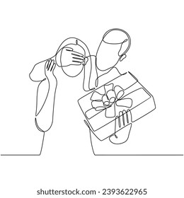 Continuous line drawing of woman getting a gift