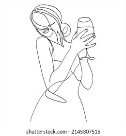 Dibujo continuo de una mujer con un vaso en sus manos, ilustración vectorial. Belleza minimalista de una mujer con un vestido