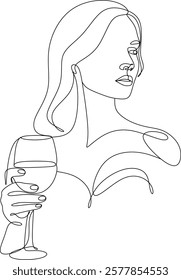 Continuous line drawing of a woman with a glass in her hands, vector illustration . Drawn without artificial intelligence.