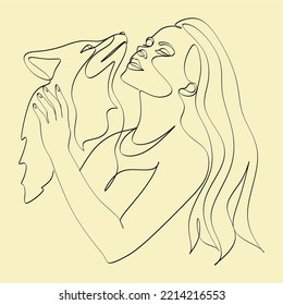 Continuous line drawing of woman happy pet lover with dog. Young female enjoy playing with her cute dog linear sketch isolated on white background. Friendship about human and pet animal concept