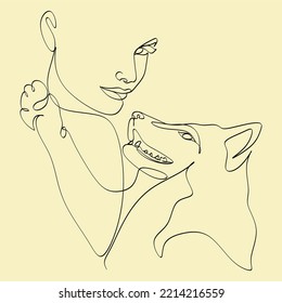 Continuous line drawing of woman happy pet lover with dog. Young female enjoy playing with her cute dog linear sketch isolated on white background. Friendship about human and pet animal concept