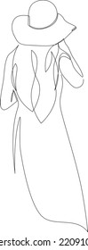 Continuous line drawing of woman in hat. View from back. Vector Illustration.
