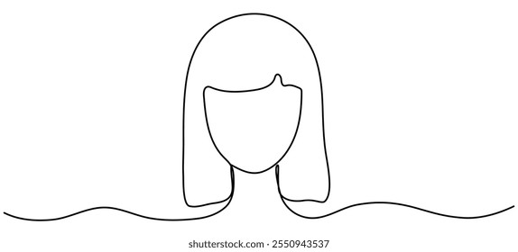 Continuous line drawing woman head. Female face linear empty frame. Vector illustration isolated on white.