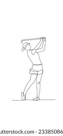 continuous line drawing of a woman hitting a golf ball