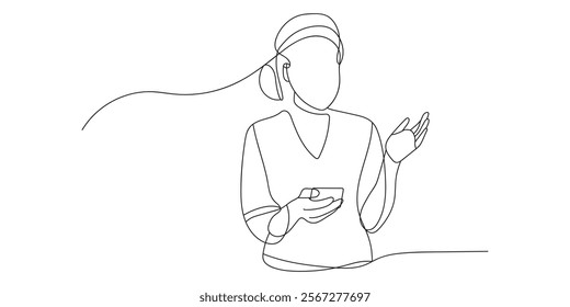 Continuous line drawing of woman hold the mobile phone reading or receiving a message. Hand drawn single line vector illustration