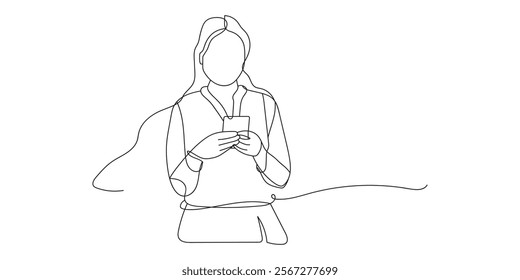 Continuous line drawing of woman hold the mobile phone reading or receiving a message. Hand drawn single line vector illustration