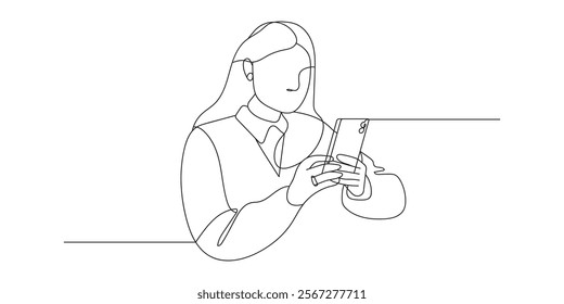 Continuous line drawing of woman hold the mobile phone reading or receiving a message. Hand drawn single line vector illustration