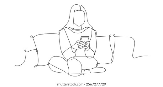 Continuous line drawing of woman hold the mobile phone reading or receiving a message. Hand drawn single line vector illustration