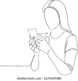 continuous line drawing of woman holding and staring at mobile phone vector illustration. Continuous one line drawing. woman holding smartphone. Linear style drawing.