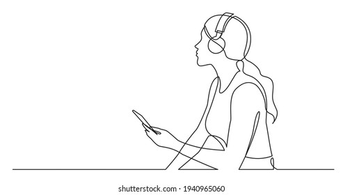 Continuous Line Drawing Of Woman Holding Phone Listening Music In Headphones