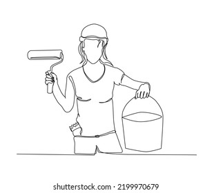 Continuous line drawing of woman holding Paint roller. Paint roller line art drawing vector illustration.
