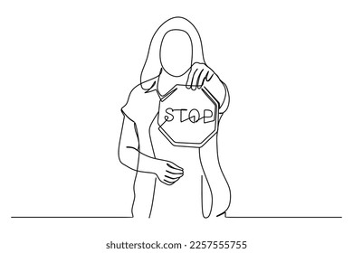 Continuous line drawing of woman holding red stop sign