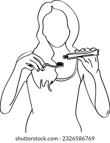 Continuous Line Drawing: Woman Holding Toothbrush and Toothpaste, Stunning Continuous Line Drawing: Woman and Oral Hygiene