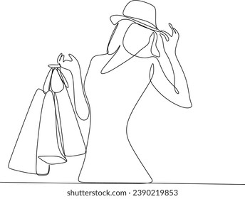 Continuous line drawing of a woman holding many paper bags after shopping for personal needs. Shopping fashion, cosmetics, makeup in a large shopping center concept.