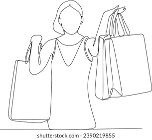 Continuous line drawing of a woman holding many paper bags after shopping for personal needs. Shopping fashion, cosmetics, makeup in a large shopping center concept.