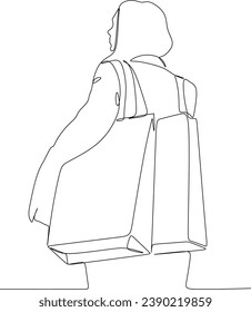 Continuous line drawing of a woman holding many paper bags after shopping for personal needs. Shopping fashion, cosmetics, makeup in a large shopping center concept.