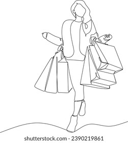 Dibujo continuo en línea de una mujer que sostiene muchas bolsas de papel después de comprar para necesidades personales. Moda comercial, cosmética, maquillaje en un gran centro comercial.