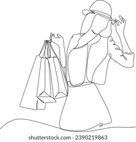 Continuous line drawing of a woman holding many paper bags after shopping for personal needs. Shopping fashion, cosmetics, makeup in a large shopping center concept.