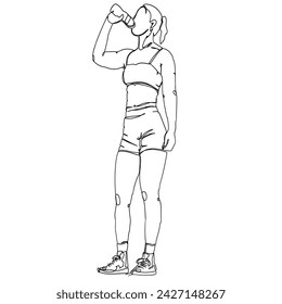 Continuous Line Drawing Woman Holding a Drinking Bottle after Exercising. Woman Model Fitness. Illustration Icon Vector