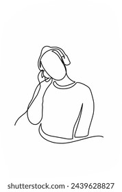 Continuous line drawing of woman holding phone listening to music on headphones. Vector illustration. Simple line illustration.