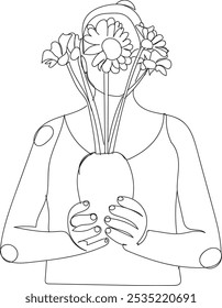 Continuous line drawing of a woman holding a vase with flowers, line art, vector