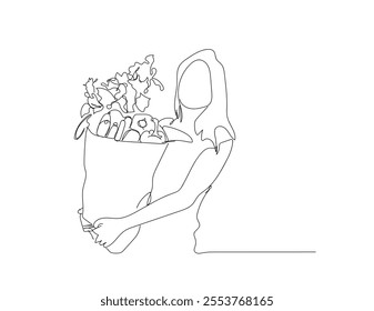 Continuous line drawing of woman holding paper bag of fresh vegetable and fruit. One line concept of healthy life style. Single line of shopping fresh vegetable and fruit. Hand made vector not AI