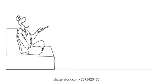 continuous line drawing of woman holding television remote.one line drawing of woman holding remote sitting on sofa,changing television channels.single line vector illustration