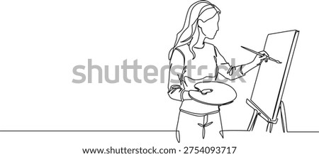 continuous line drawing of woman holding palette painting on canvas with brush, line art vector illustration