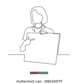 Continuous line drawing of The woman holds sheets of paper and points at them with her finger. School scene. Business presentation. Template for your design works. Vector illustration.