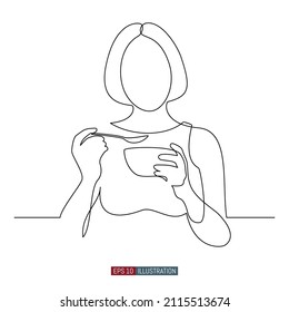Continuous line drawing of Woman holds a spoon and a bowl and eats. Template for your design. Vector illustration.