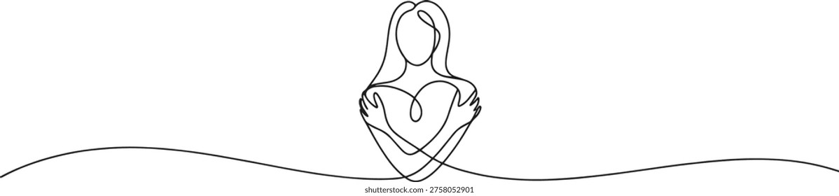 Continuous line drawing of a woman hugging herself, self love concept, vector illustration isolated on white background