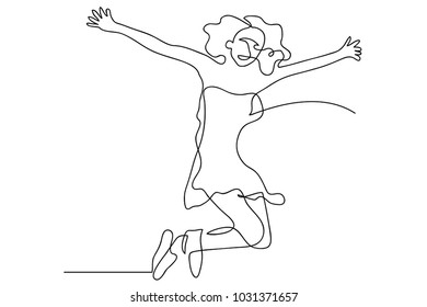 Continuous line drawing of a woman jumping happy simple vector illustration