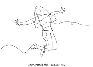 Continuous line drawing of a woman jumping happy simple vector illustration