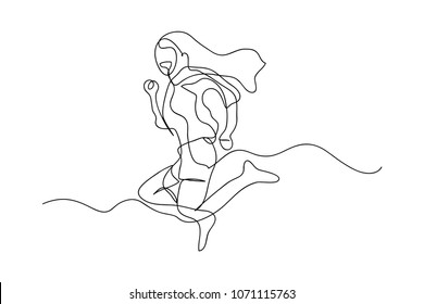 Continuous line drawing of a woman jumping happy simple vector illustration