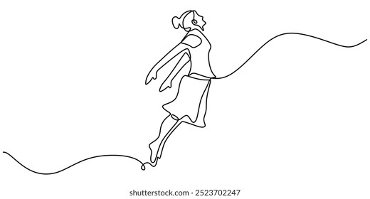 Continuous line drawing of a woman jumping joyfully. Minimalist illustration showcasing enthusiasm and happiness. Vector illustration.