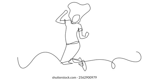 continuous line drawing of a woman jumping happily.one line drawing of a woman's expression of joy by jumping.single line vector illustration.isolated white background