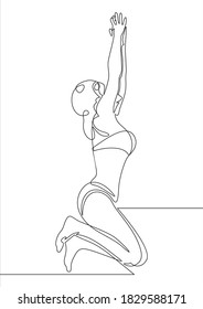 Continuous line drawing Woman jumps for happy. Vector illustration.