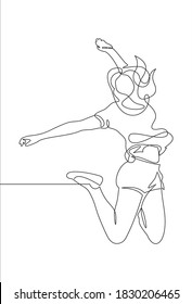 Continuous line drawing Woman jumps for happy. Vector illustration.