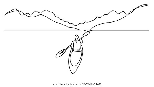 continuous line drawing of woman kayaking on beautiful lake waters