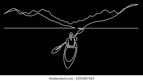 continuous line drawing of woman kayaking on beautiful lake waters