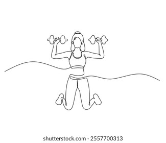 Continuous line drawing of a woman kneeling and lifting dumbbells, showcasing strength and fitness. Ideal for illustrating workout routines, exercise guides, and health-related content.