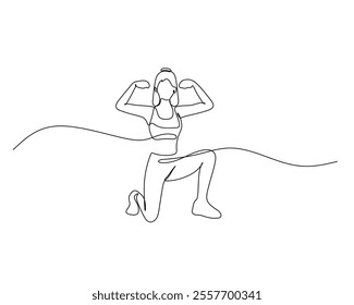 Continuous line drawing of a woman kneeling on one knee, flexing her biceps in a strong pose, symbolizing strength and fitness.